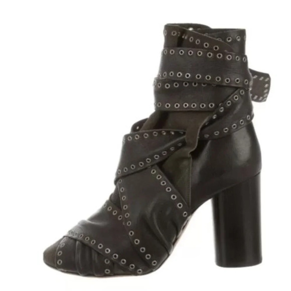 ISABEL MARANT-AUBREY-Grommet Wrap Leather Suede Black Booties-Sz 38-Excellent - Picture 1 of 8
